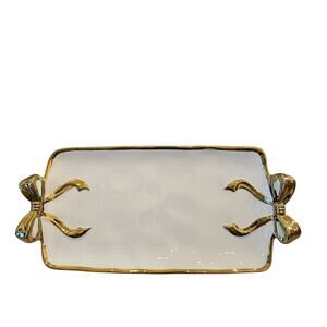 Hand Painted GOLD BOW Ceramic Serving Tray 12in Christmas Holiday New